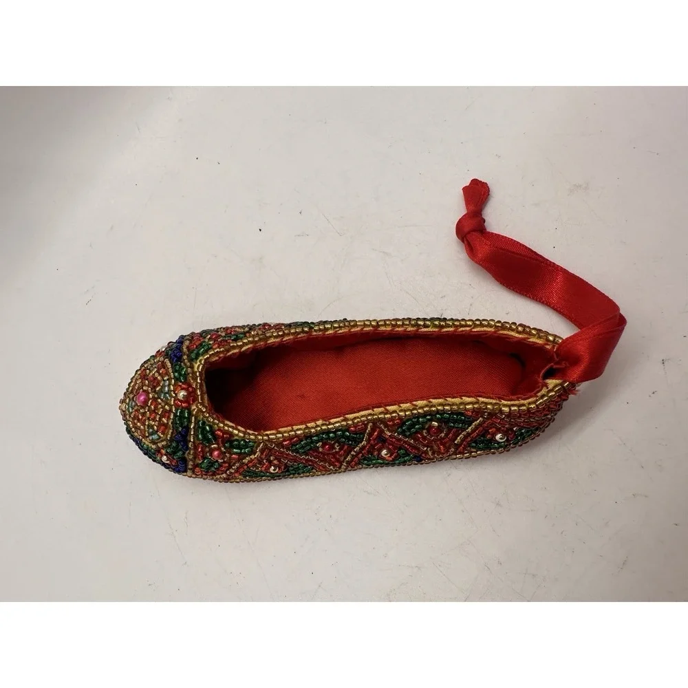 Vintage Beaded Slipper Ornament Red Satin Christmas Shoe 5